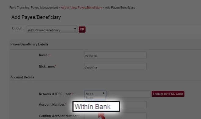 For Adding Beneficiary Within South Indian Bank