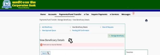 Corporation Bank Beneficiary Add