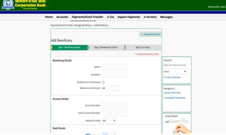 How to Add Beneficiary in Corporation Bank?