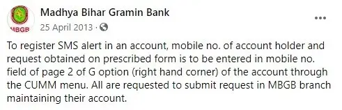 Register Madhya Bihar Gramin Bank SMS Alerts