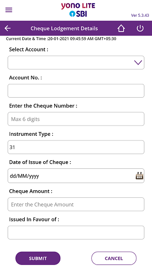 On the next screen, select account and then enter account number, cheque number, issue date, cheque amount, payee name and click on Submit.