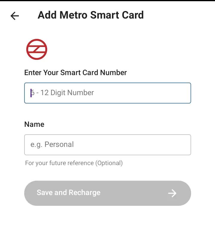 Enter Delhi Metro Smart Card Number