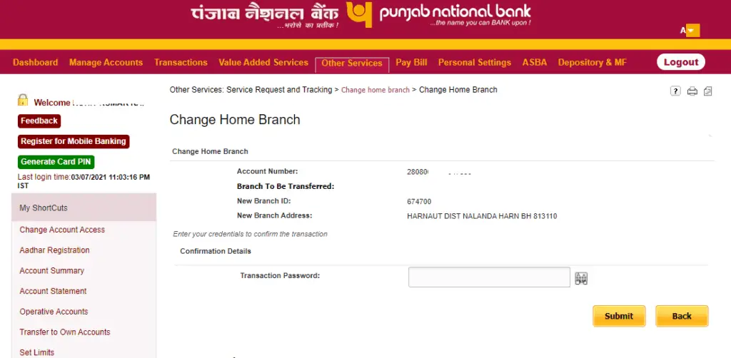 Punjab National Bank Transfer Branch