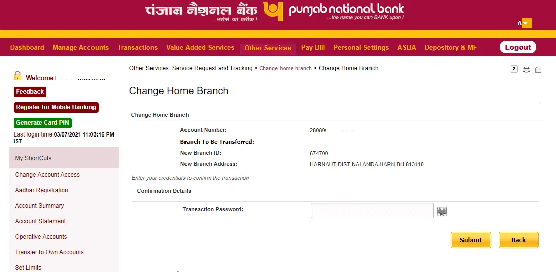 How to Transfer PNB Account Online?- Change Home Branch