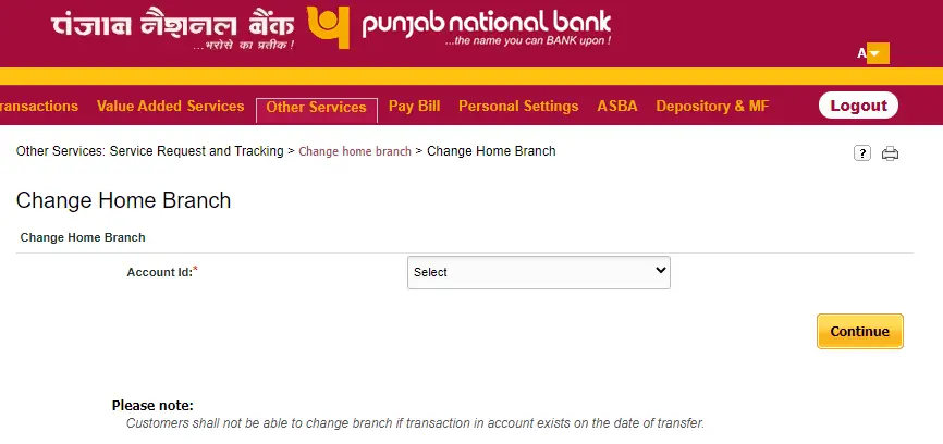 PNB Change Home Branch