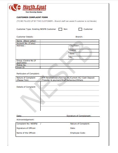 North East Small Finance Bank Complaint Form