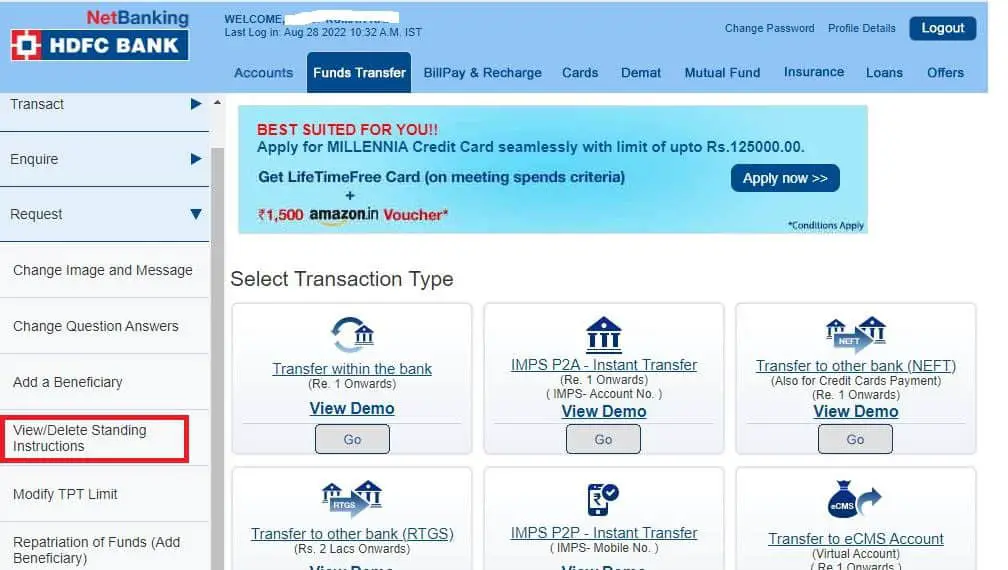 How to View or Delete SI in HDFC Bank Online?