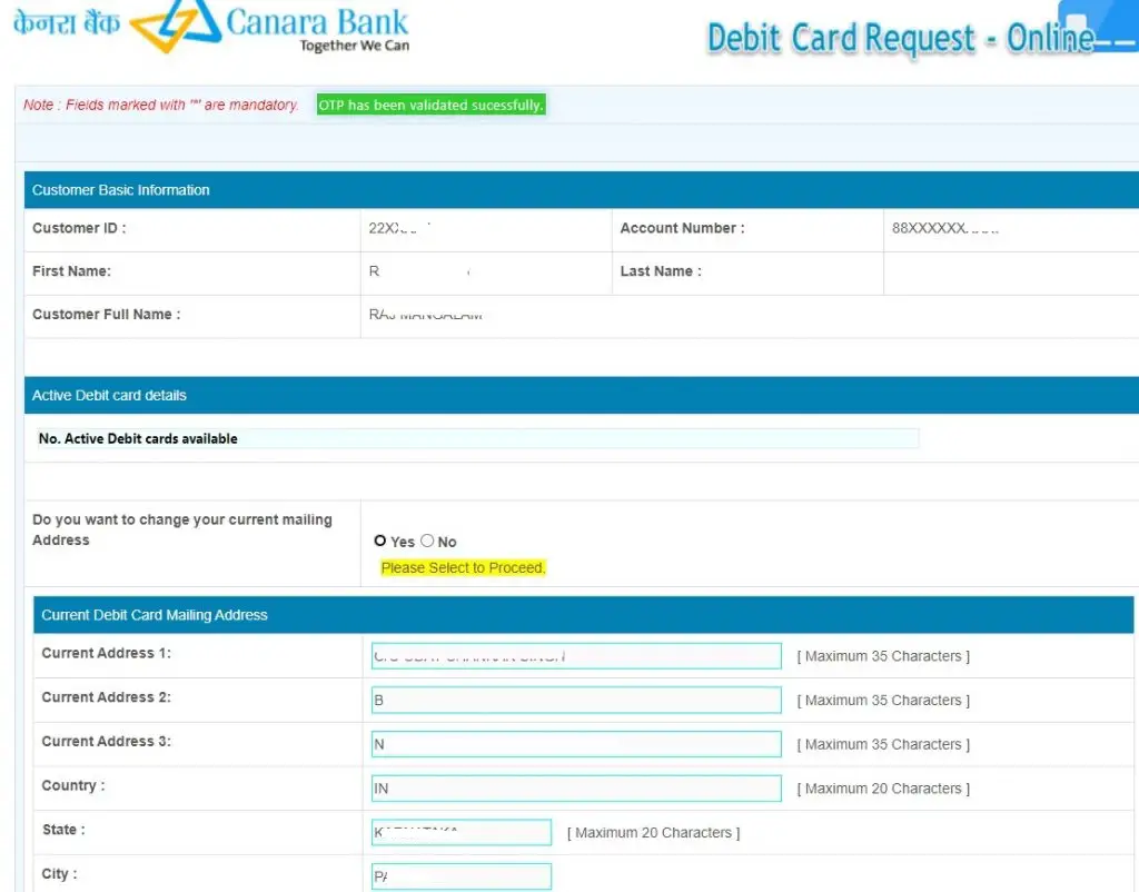 Apply New ATM Card in Canara Bank