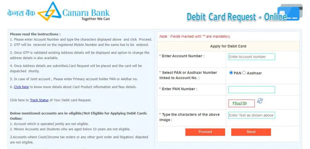 Canara Bank Debit Card Apply Online