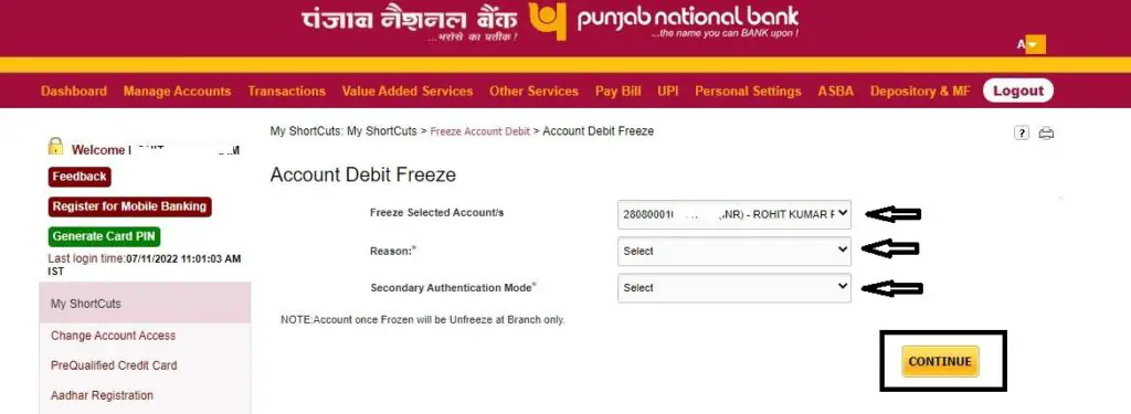 PNB Online Account Debit Freeze