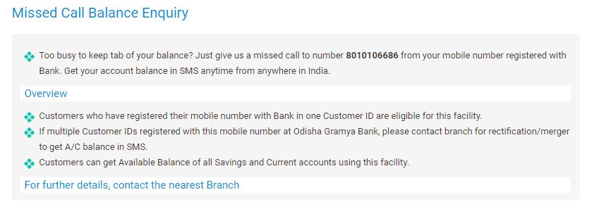 Odisha Gramya Bank Missed Call Alert Service