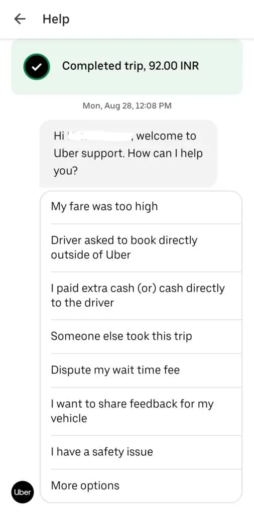 Select your Uber Complaint Issue