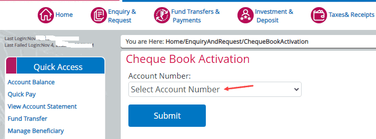 Central Bank of India Cheque Book Activation Online