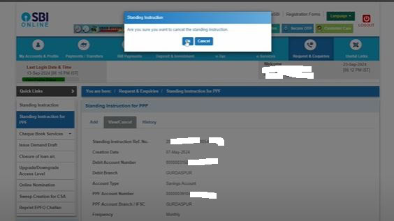SBI PPF Cancel Online