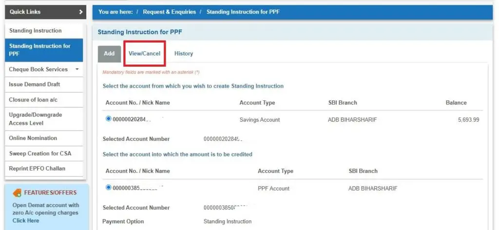 SBI PPF SI Cancel Online
