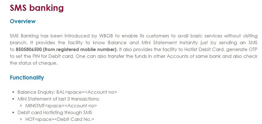 West Bengal Gramin Bank SMS Banking